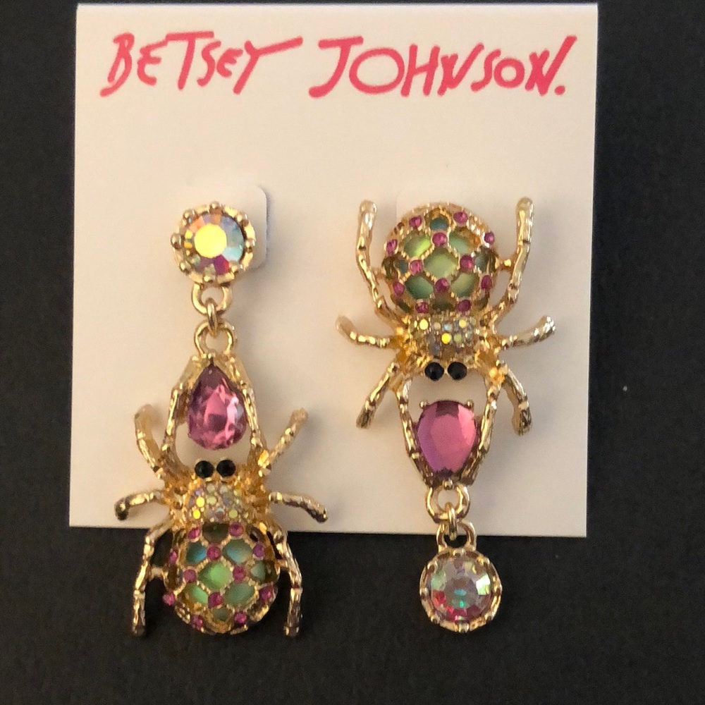 Betsey Johnson Gold Tone Creepshow Spider Mismatch Drop Earrings Crystal NWT